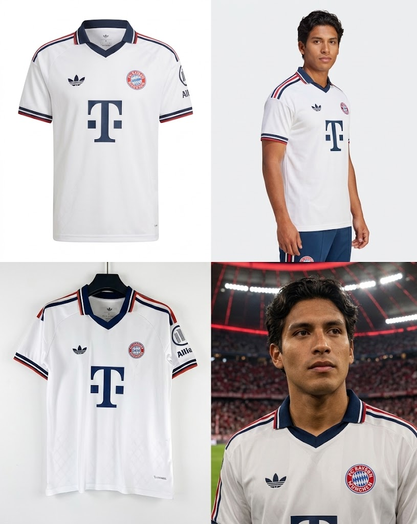 Camiseta blanca del Bayern Múnich 2026-2027 mostrada de frente, de lado y en detalle