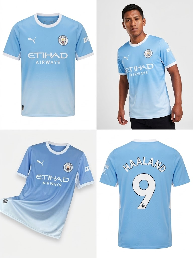 Camiseta celeste del Manchester City 2026-2027 mostrada de frente, en modelo y por la espalda